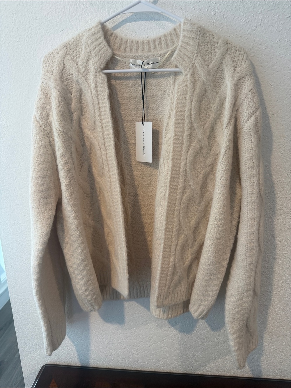 Chelsea & Theodore Cable Knit Open Front Cardigan Sweater - Cream